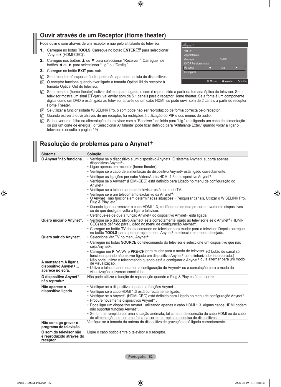 Ouvir através de um receptor (home theater), Resolução de problemas para o anynet | Samsung LE46A756R1M User Manual | Page 294 / 422