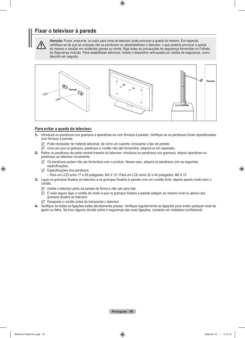 Fixar o televisor à parede | Samsung LE46A756R1M User Manual | Page 298 / 422