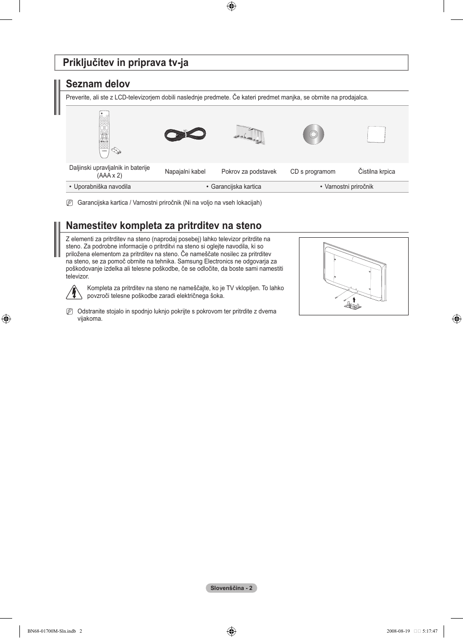 Seznam delov, Namestitev kompleta za pritrditev na steno, Priključitev in priprava tv-ja | Samsung LE46A756R1M User Manual | Page 304 / 422