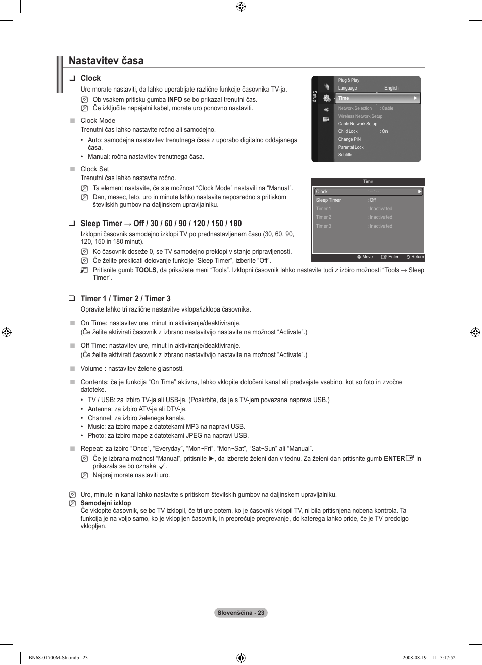 Nastavitev časa, Clock, Timer  / timer 2 / timer | Samsung LE46A756R1M User Manual | Page 325 / 422