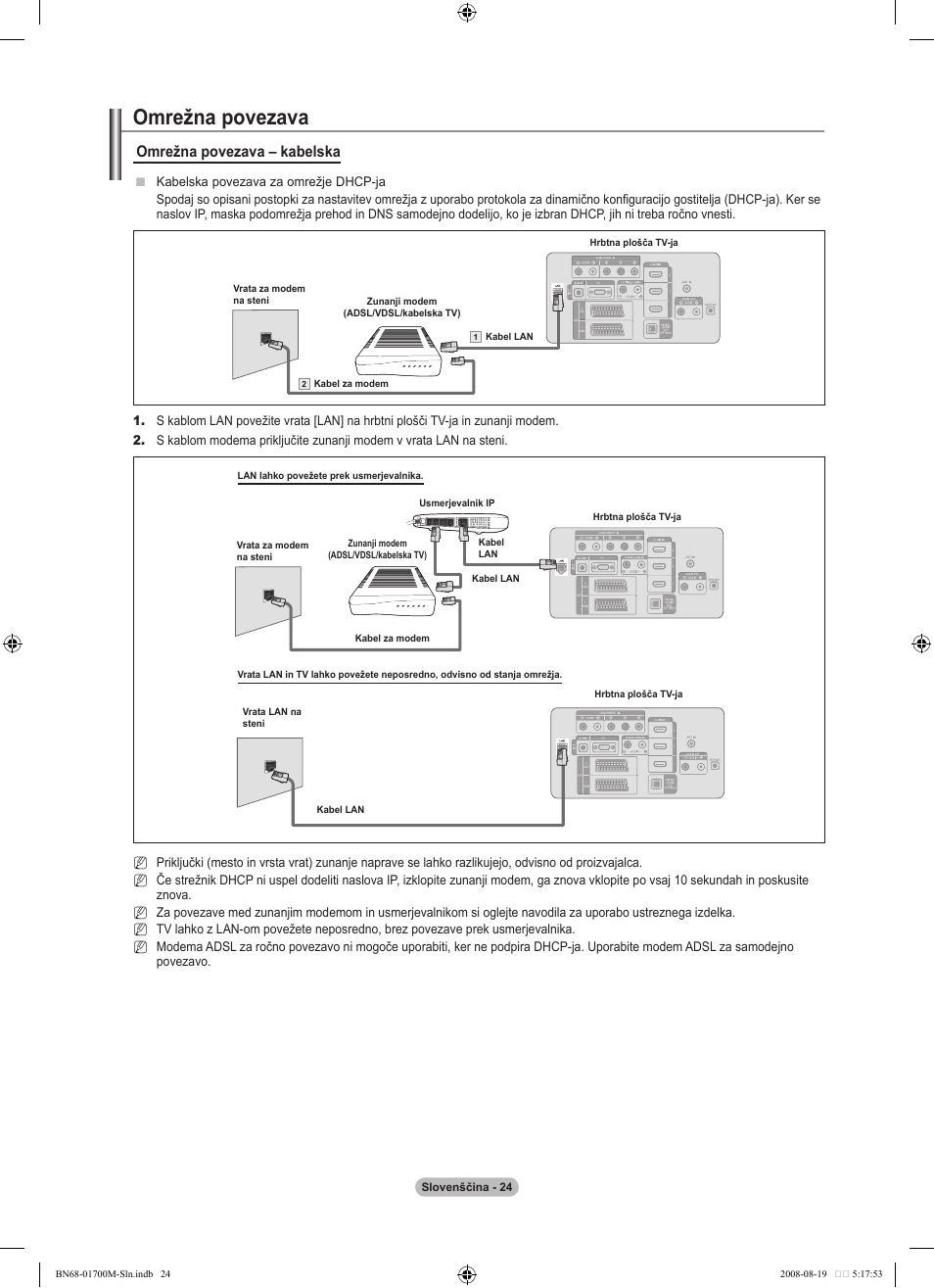 Omrežna povezava, Omrežna povezava – kabelska | Samsung LE46A756R1M User Manual | Page 326 / 422