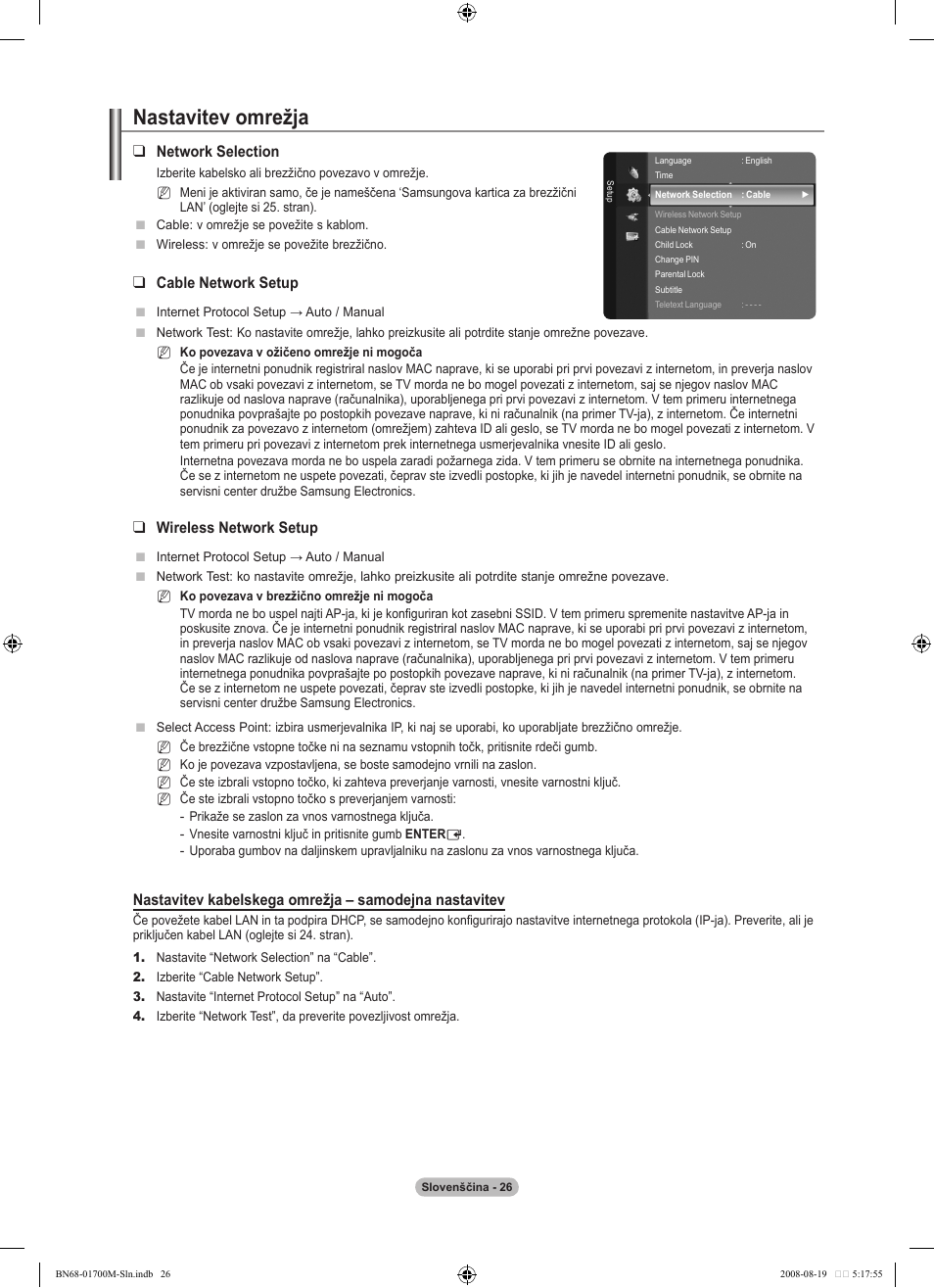 Nastavitev omrežja, Network selection, Cable network setup | Wireless network setup | Samsung LE46A756R1M User Manual | Page 328 / 422