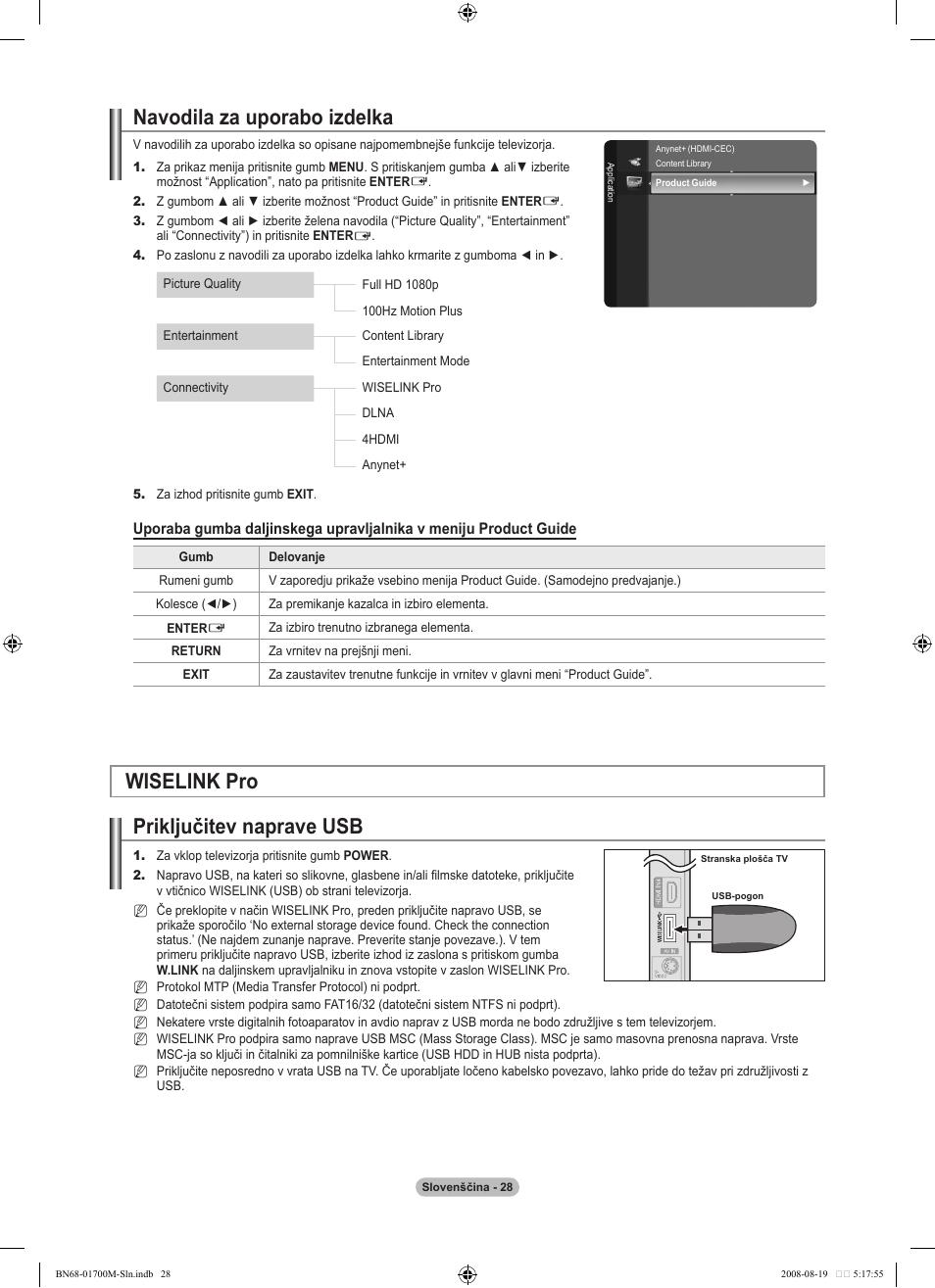 Navodila za uporabo izdelka, Wiselink pro priključitev naprave usb | Samsung LE46A756R1M User Manual | Page 330 / 422