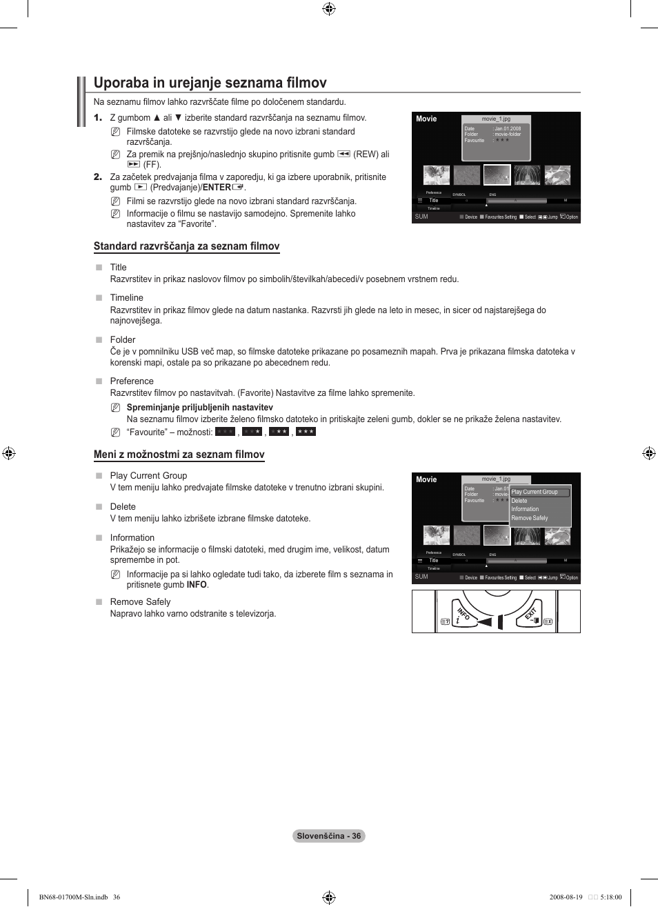 Uporaba in urejanje seznama filmov, Standard razvrščanja za seznam filmov, Meni z možnostmi za seznam filmov | Samsung LE46A756R1M User Manual | Page 338 / 422