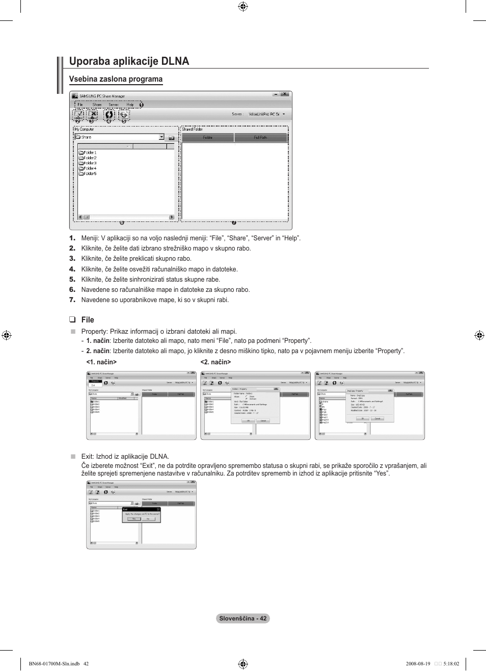 Uporaba aplikacije dlna, Vsebina zaslona programa, File | Samsung LE46A756R1M User Manual | Page 344 / 422