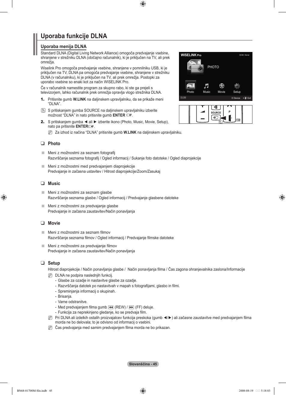 Uporaba funkcije dlna, Uporaba menija dlna, Photo | Music, Movie, Setup | Samsung LE46A756R1M User Manual | Page 347 / 422