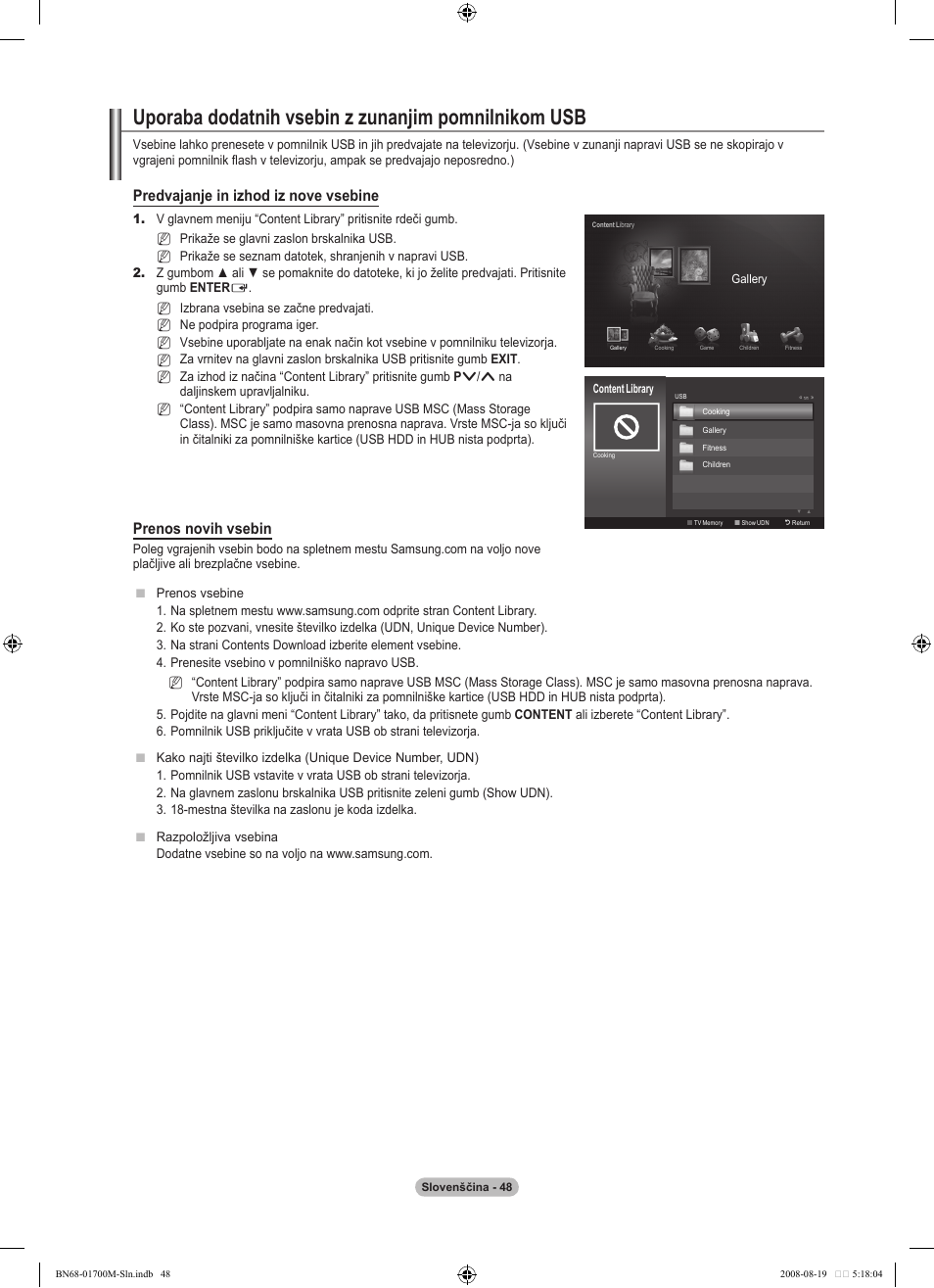 Uporaba dodatnih vsebin z zunanjim pomnilnikom usb, Predvajanje in izhod iz nove vsebine, Prenos novih vsebin | Samsung LE46A756R1M User Manual | Page 350 / 422