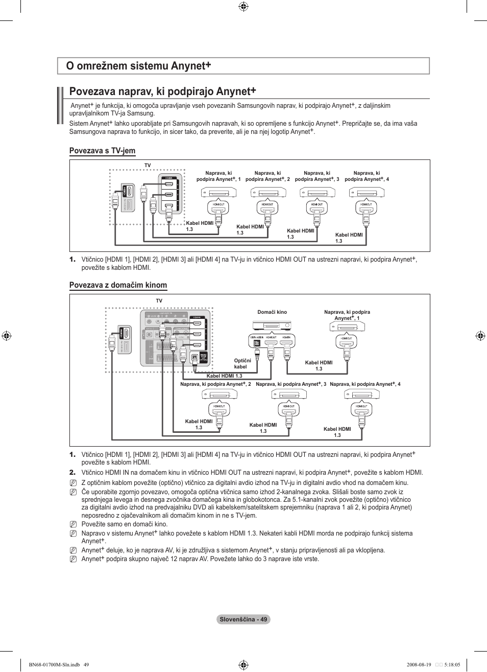 Povezava naprav, ki podpirajo anynet, O omrežnem sistemu anynet, Povezava s tv-jem | Povezava z domačim kinom | Samsung LE46A756R1M User Manual | Page 351 / 422