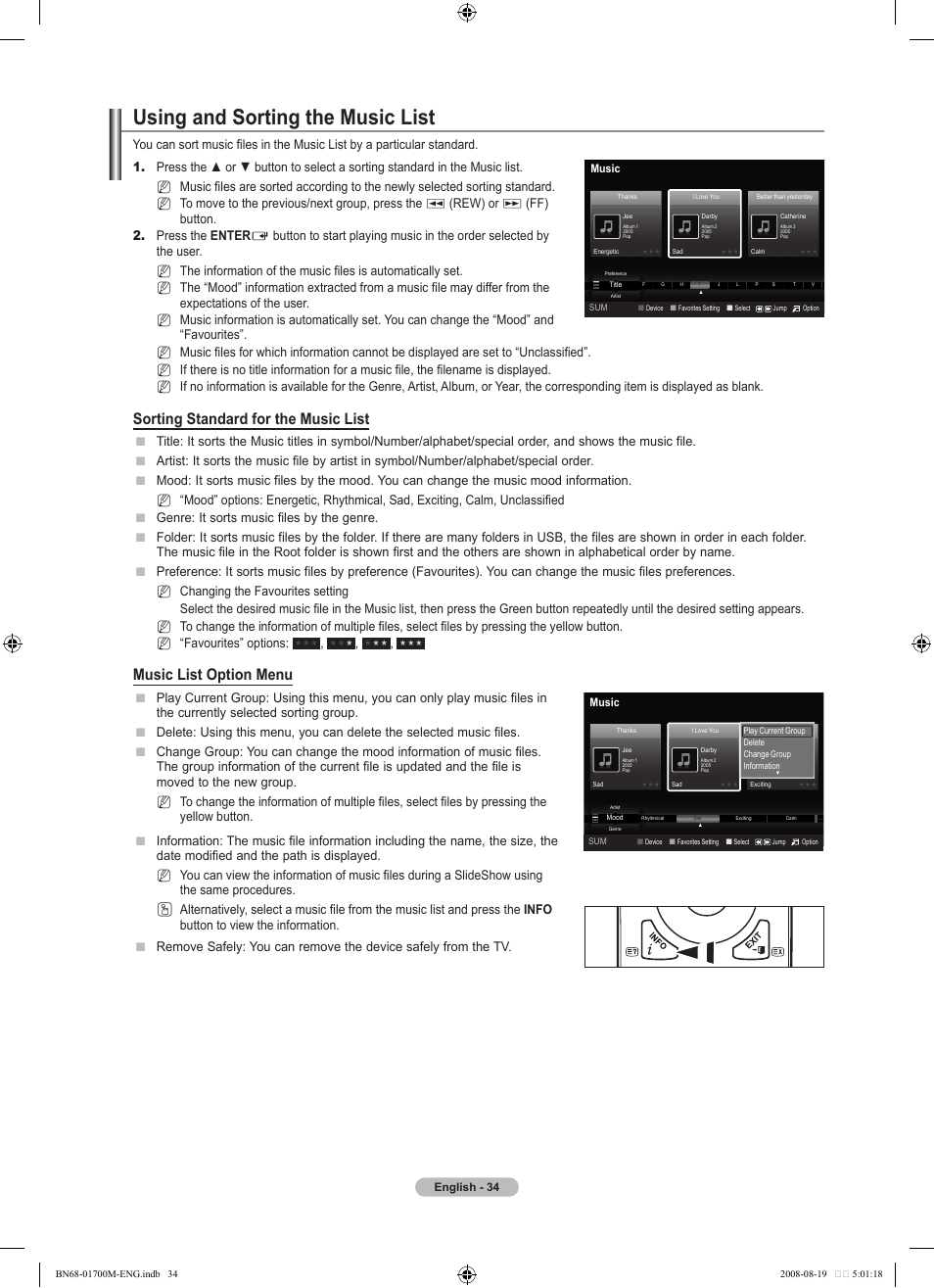 Using and sorting the music list, Sorting standard for the music list, Music list option menu | Rew) or, Ff) button. 2. press the enter, Nn n | Samsung LE46A756R1M User Manual | Page 36 / 422