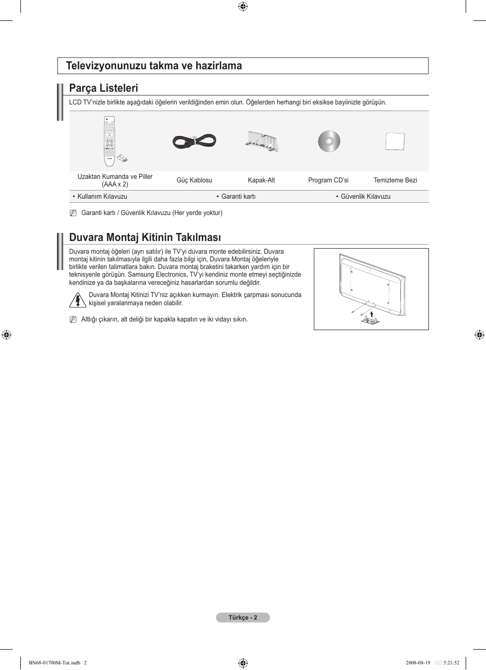 Parça listeleri, Duvara montaj kitinin takılması, Televizyonunuzu takma ve hazirlama | Samsung LE46A756R1M User Manual | Page 364 / 422
