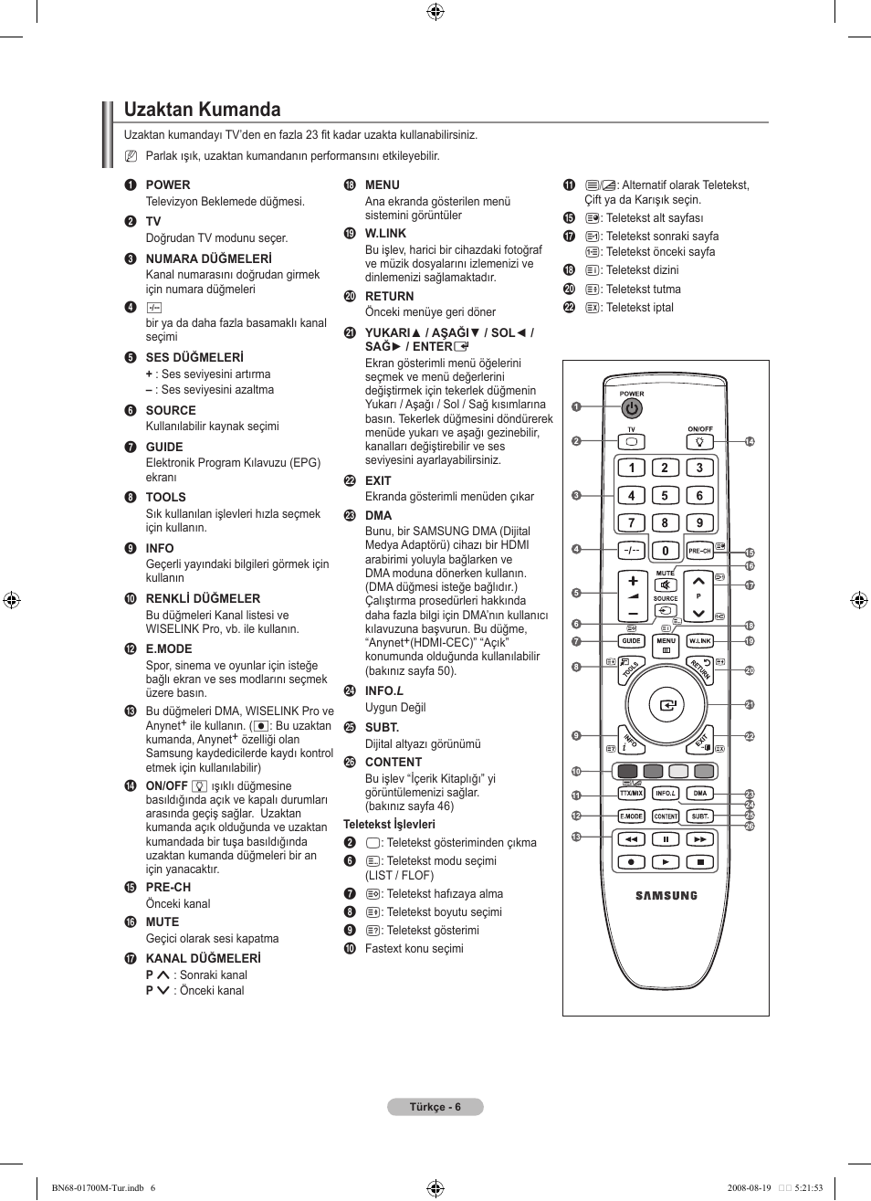 Uzaktan kumanda | Samsung LE46A756R1M User Manual | Page 368 / 422
