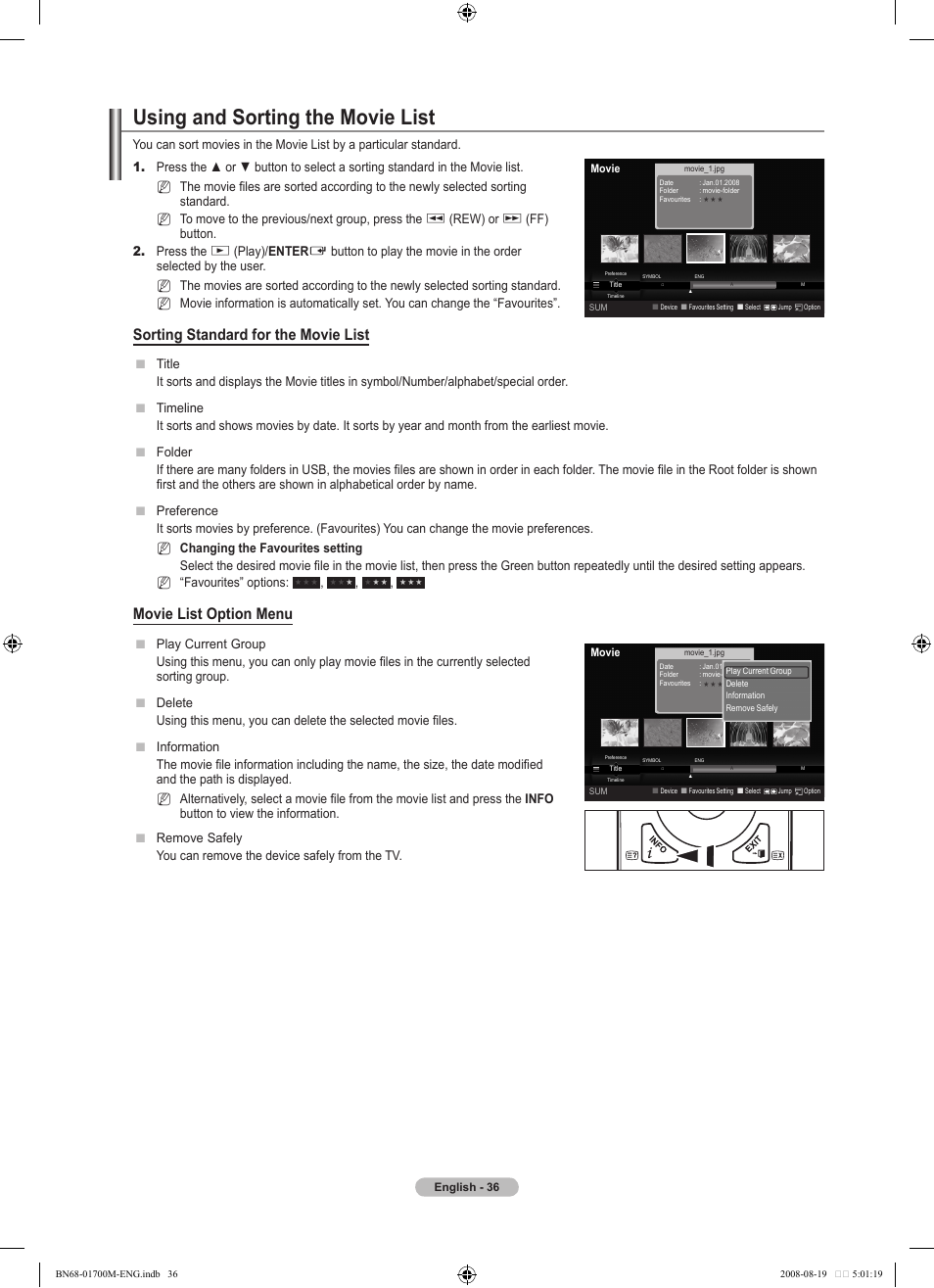 Using and sorting the movie list, Sorting standard for the movie list, Movie list option menu | Samsung LE46A756R1M User Manual | Page 38 / 422