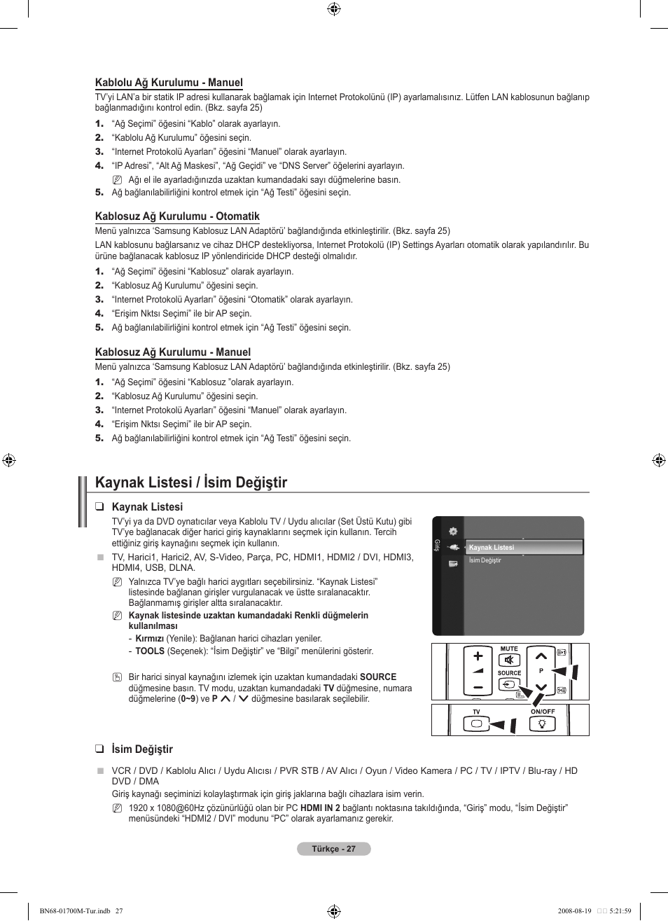 Kaynak listesi / isim değiştir | Samsung LE46A756R1M User Manual | Page 389 / 422