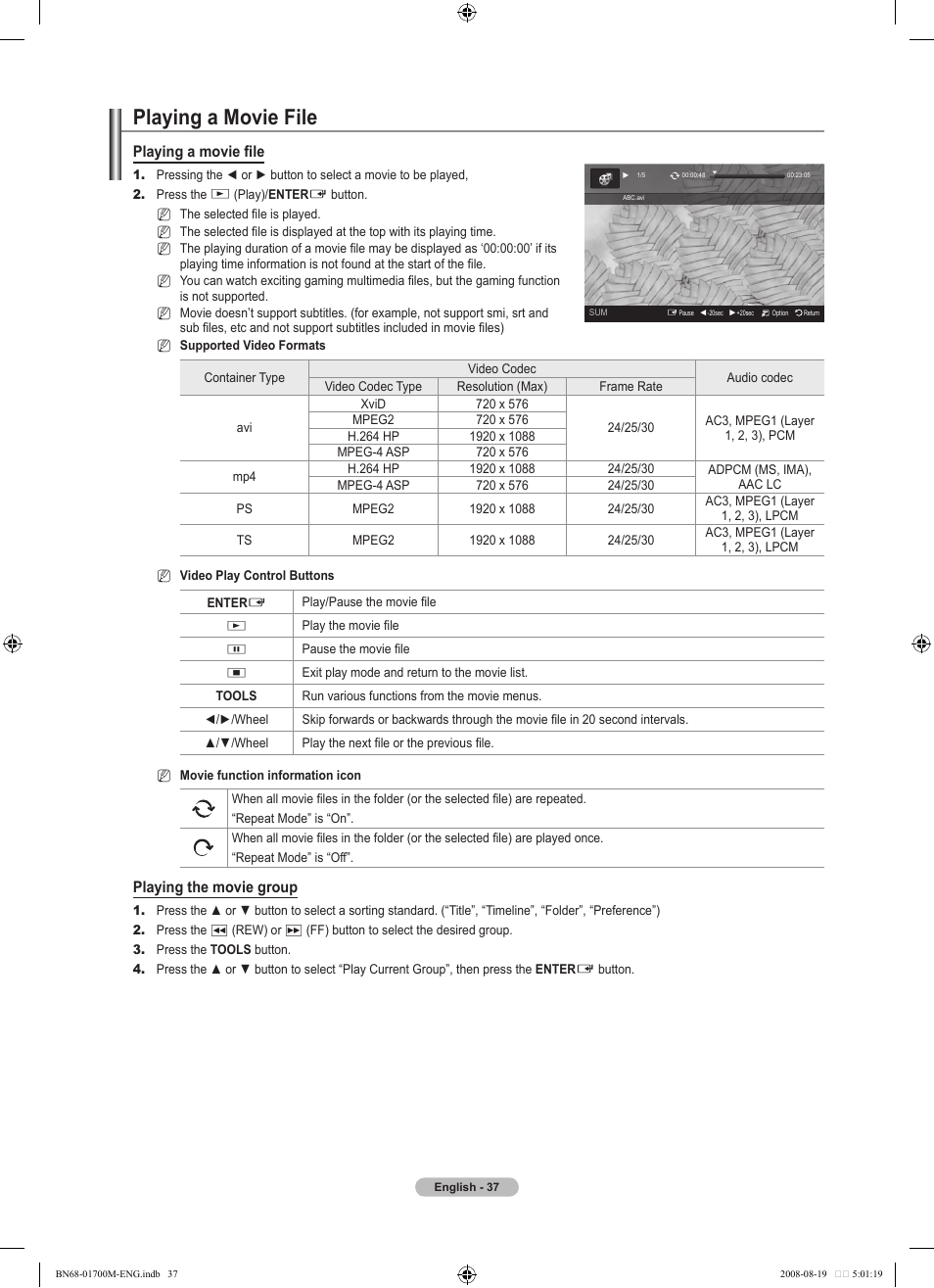 Playing a movie file, Playing a movie fi le, Playing the movie group | Samsung LE46A756R1M User Manual | Page 39 / 422