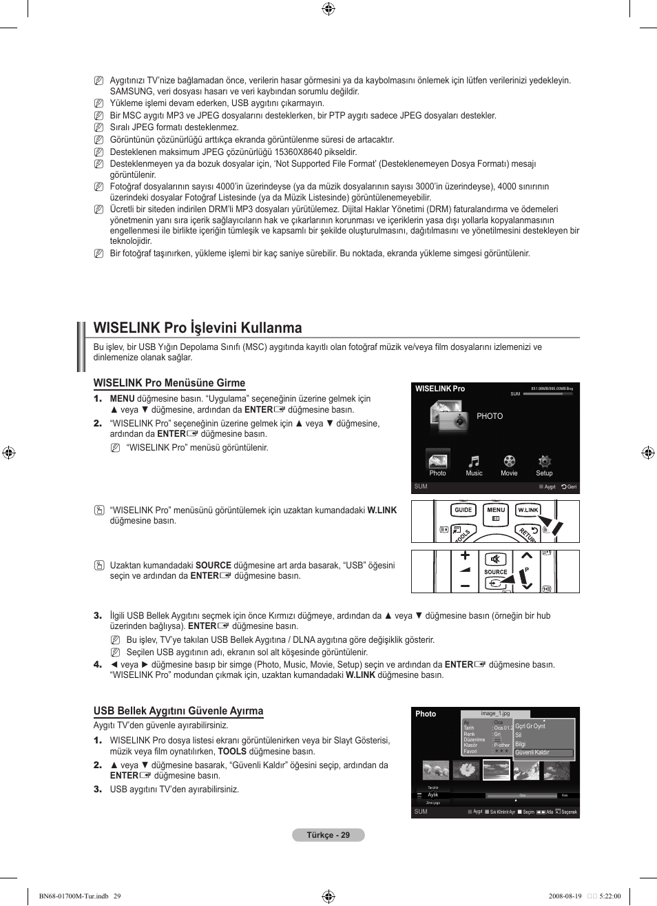 Wiselink pro işlevini kullanma, Wiselink pro menüsüne girme, Usb bellek aygıtını güvenle ayırma | Samsung LE46A756R1M User Manual | Page 391 / 422