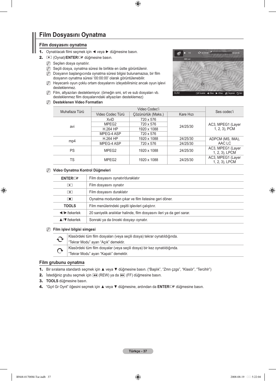 Film dosyasını oynatma, Film grubunu oynatma | Samsung LE46A756R1M User Manual | Page 399 / 422