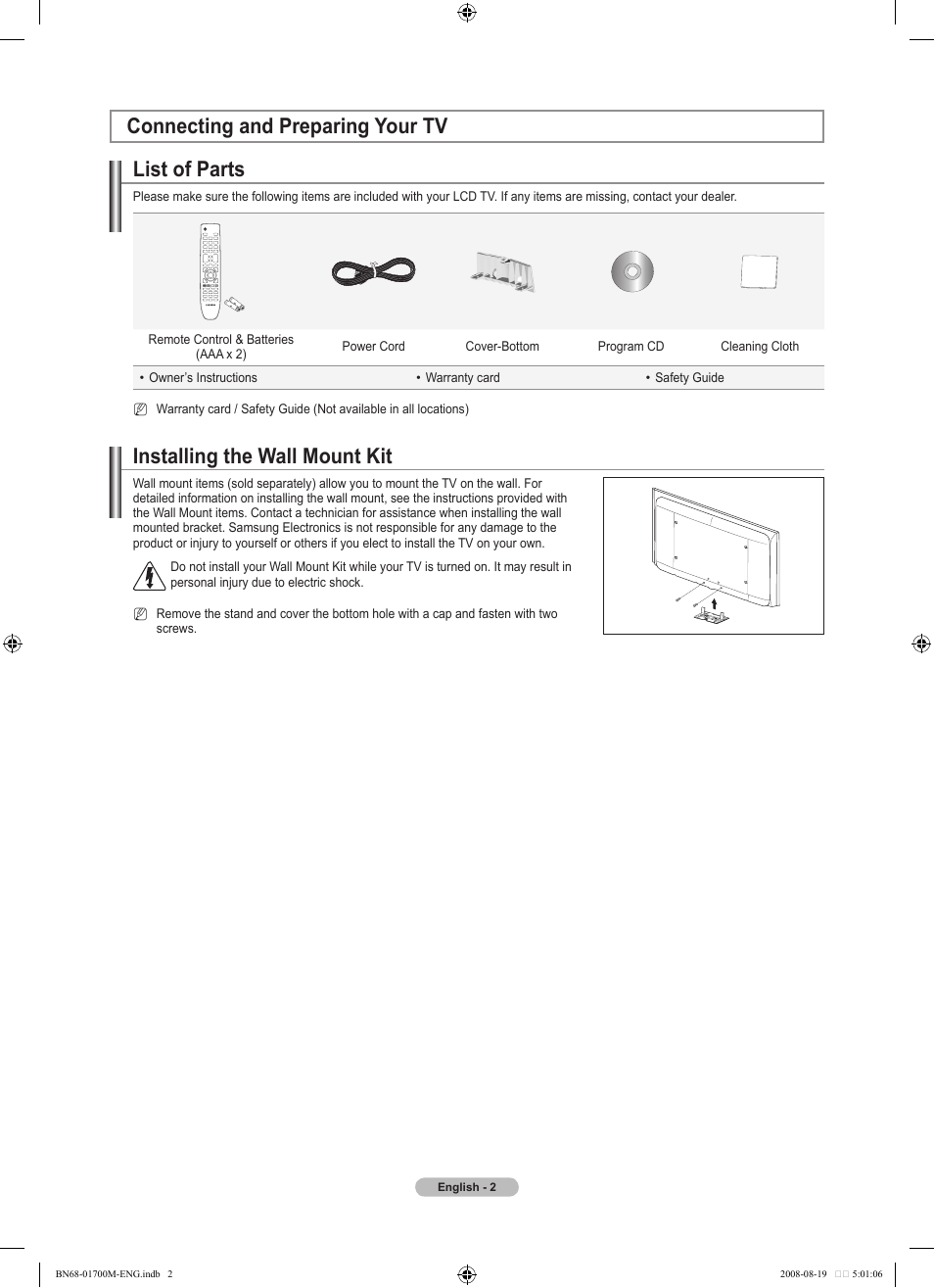 Connecting and preparing your tv, List of parts, Installing the wall mount kit | Samsung LE46A756R1M User Manual | Page 4 / 422