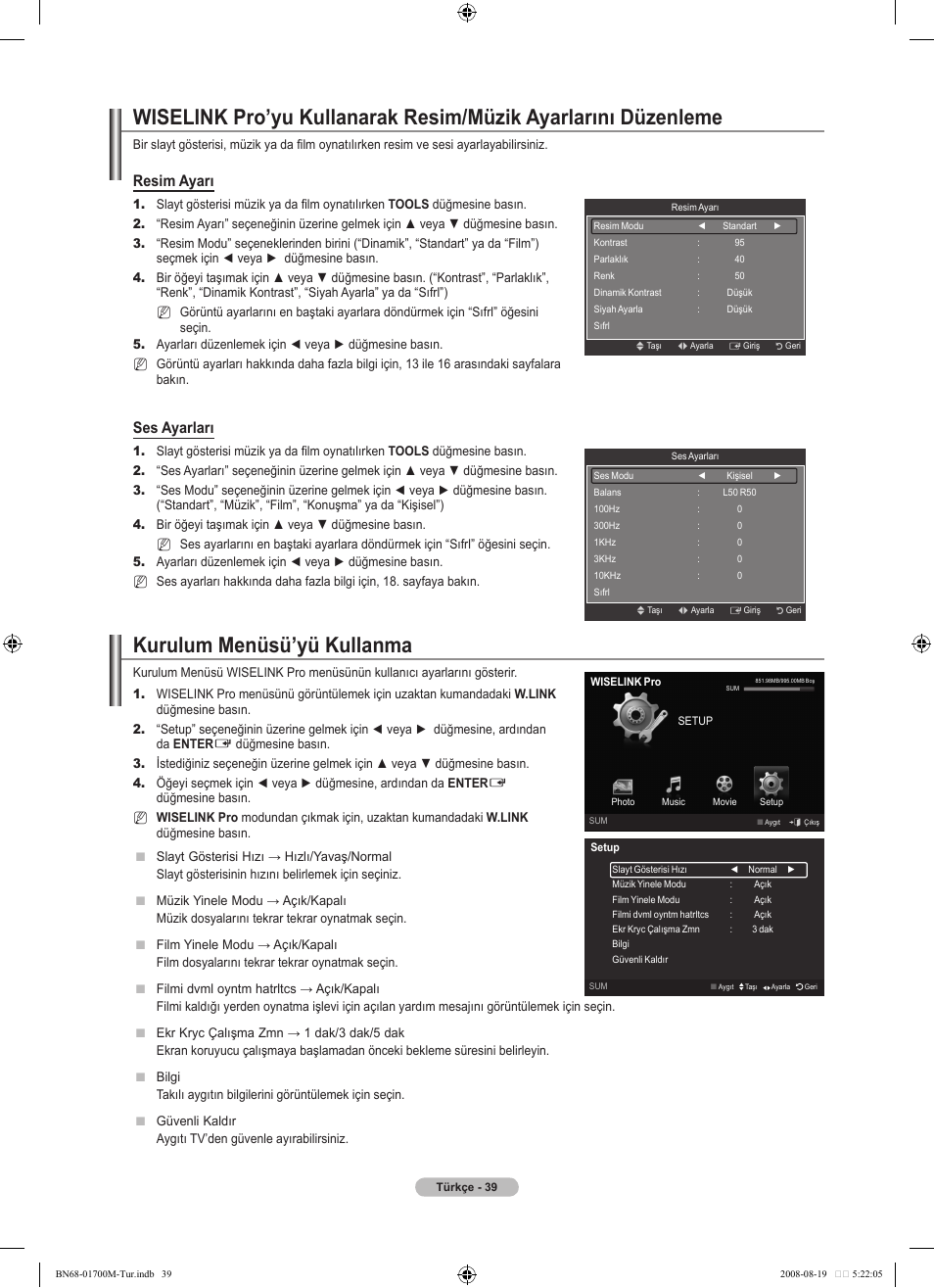 Kurulum menüsü’yü kullanma, Resim ayarı, Ses ayarları | Samsung LE46A756R1M User Manual | Page 401 / 422
