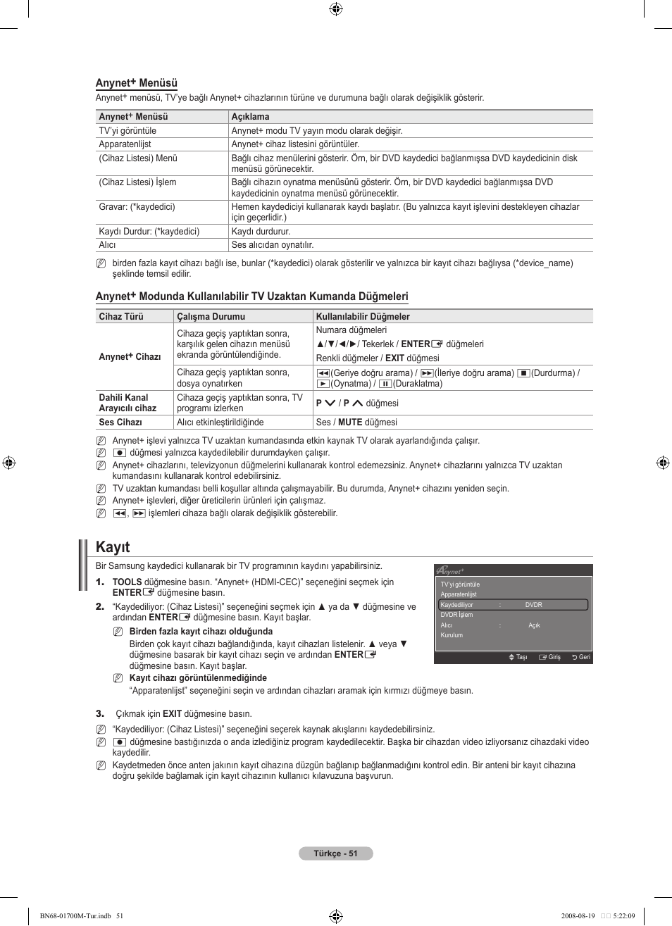 Kayıt, Anynet+ menüsü | Samsung LE46A756R1M User Manual | Page 413 / 422
