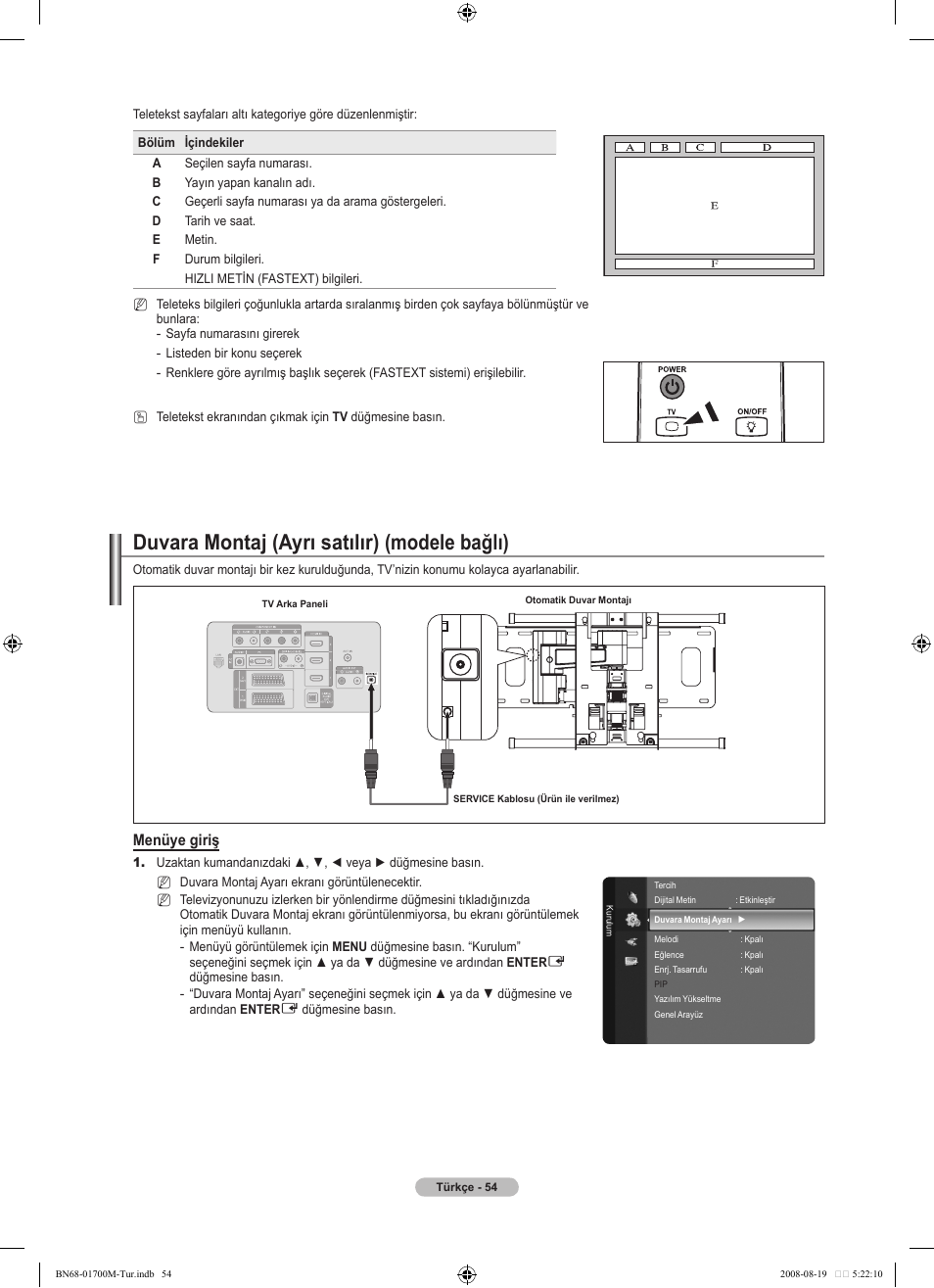 Duvara montaj (ayrı satılır) (modele bağlı), Menüye giriş | Samsung LE46A756R1M User Manual | Page 416 / 422