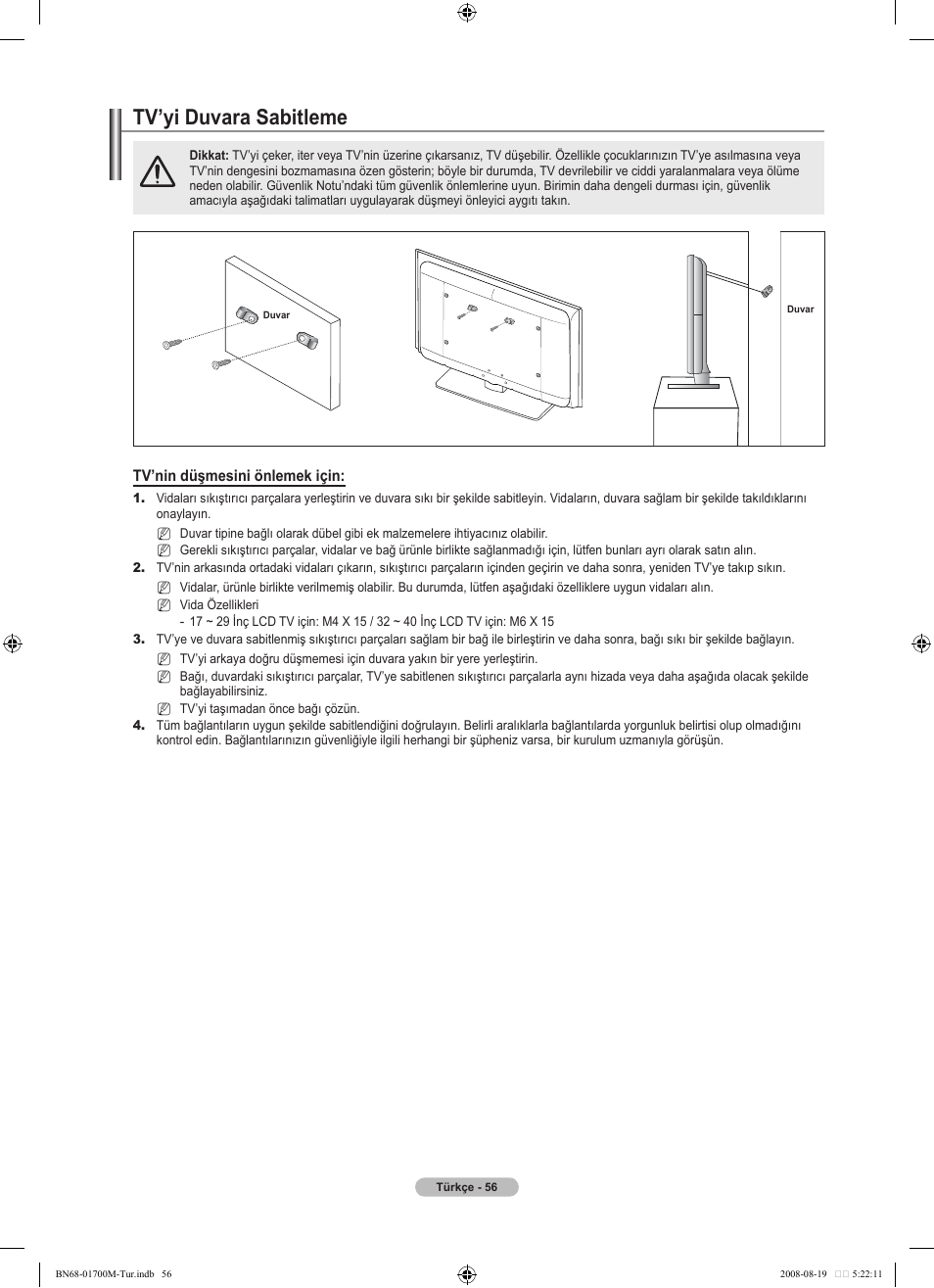 Tv’yi duvara sabitleme | Samsung LE46A756R1M User Manual | Page 418 / 422