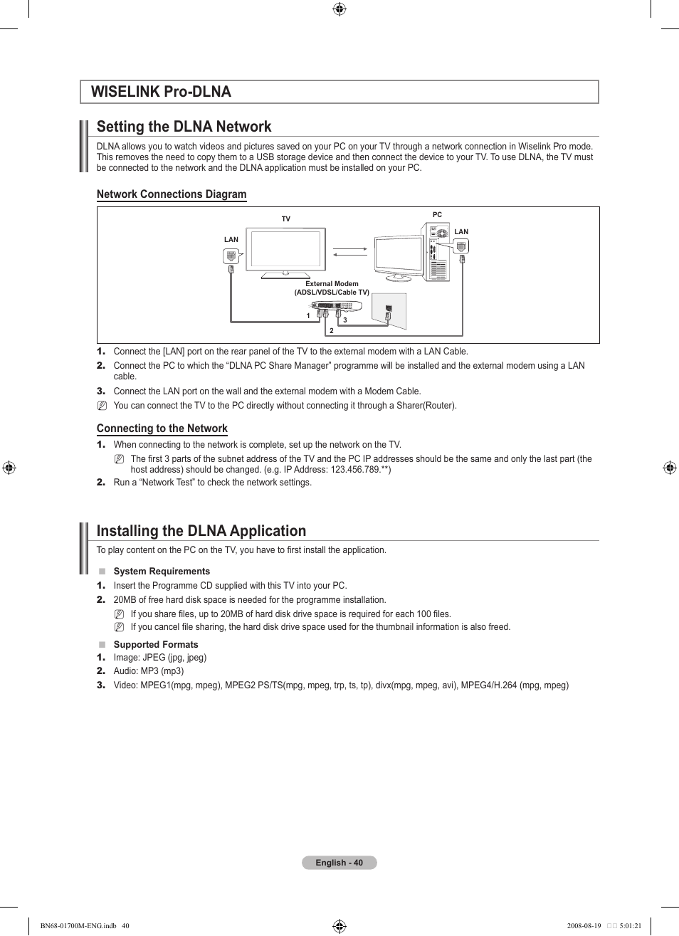Wiselink pro-dlna, Setting the dlna network, Installing the dlna application | Wiselink pro-dlna setting the dlna network | Samsung LE46A756R1M User Manual | Page 42 / 422