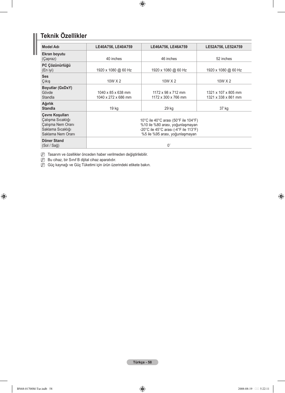 Teknik özellikler | Samsung LE46A756R1M User Manual | Page 420 / 422