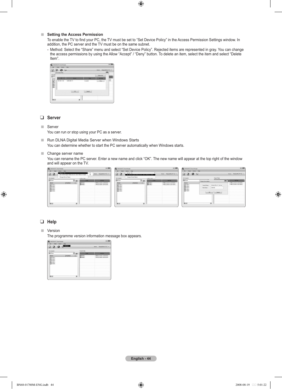 Server, Help | Samsung LE46A756R1M User Manual | Page 46 / 422