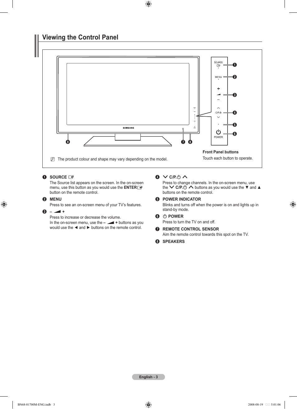 Viewing the control panel | Samsung LE46A756R1M User Manual | Page 5 / 422