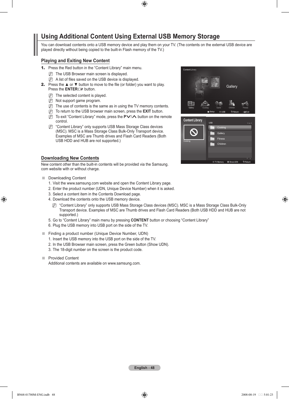 Playing and exiting new content, Downloading new contents | Samsung LE46A756R1M User Manual | Page 50 / 422