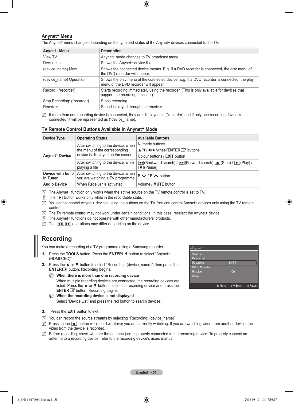 Recording, Anynet+ menu | Samsung LE46A756R1M User Manual | Page 53 / 422