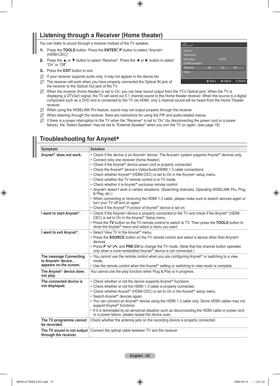 Listening through a receiver (home theater), Troubleshooting for anynet | Samsung LE46A756R1M User Manual | Page 54 / 422