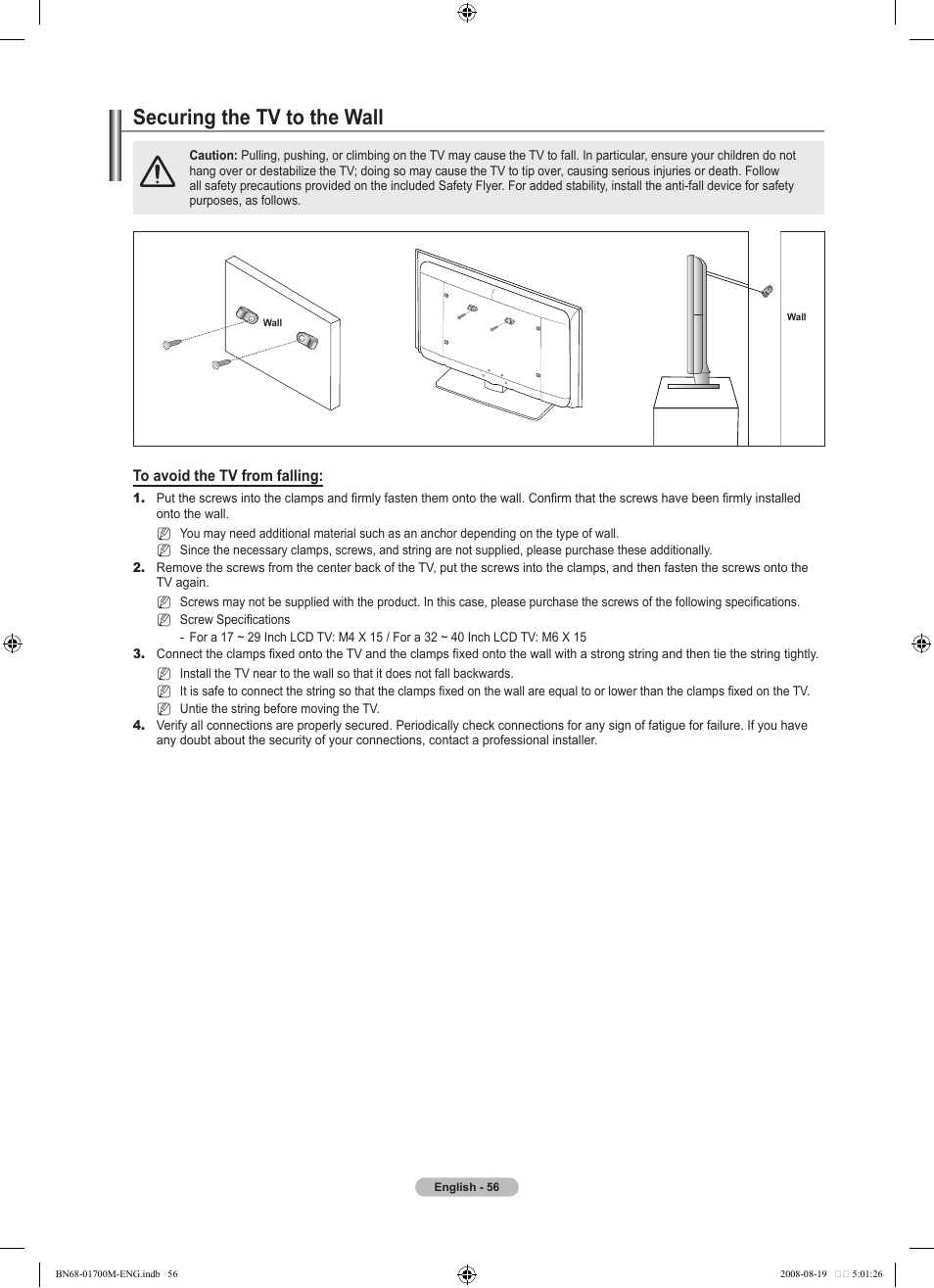 Securing the tv to the wall | Samsung LE46A756R1M User Manual | Page 58 / 422