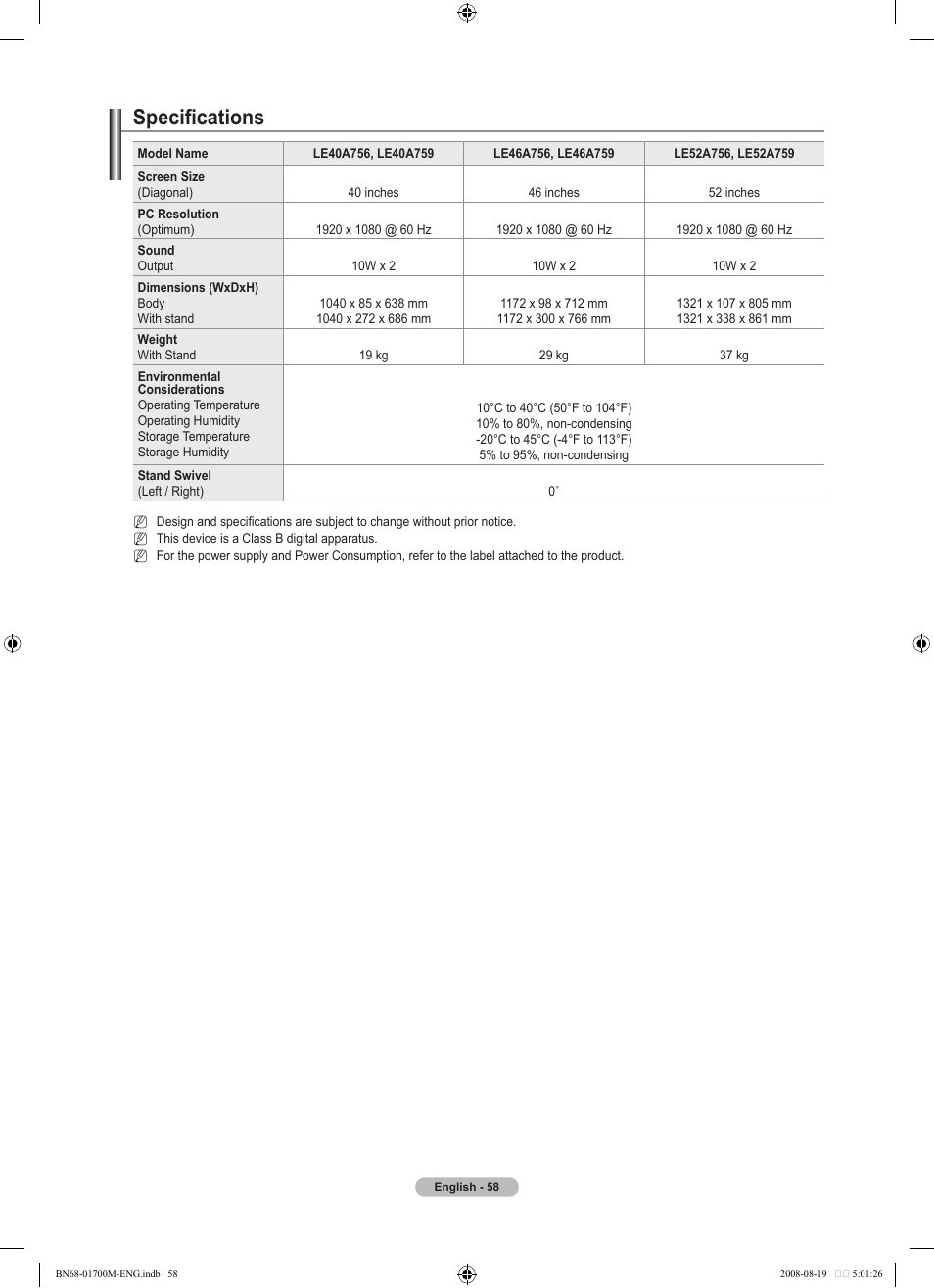 Specifications | Samsung LE46A756R1M User Manual | Page 60 / 422