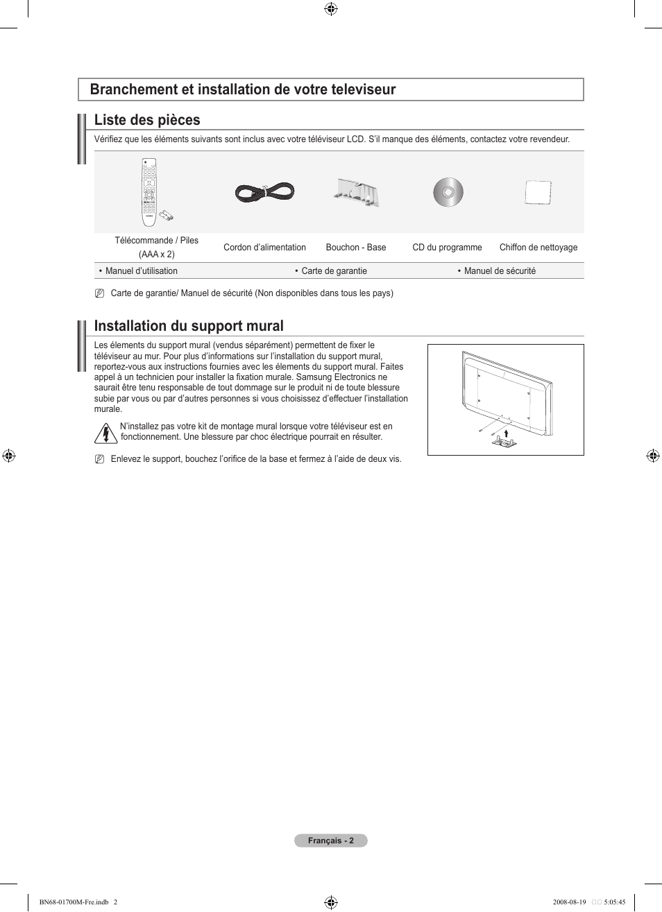 Liste des pièces, Installation du support mural, Branchement et installation de votre televiseur | Samsung LE46A756R1M User Manual | Page 64 / 422