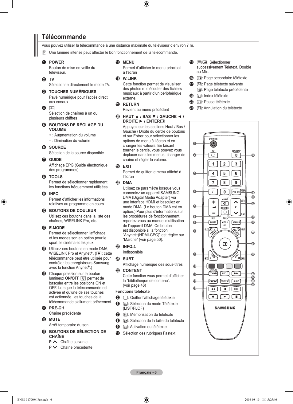Télécommande | Samsung LE46A756R1M User Manual | Page 68 / 422