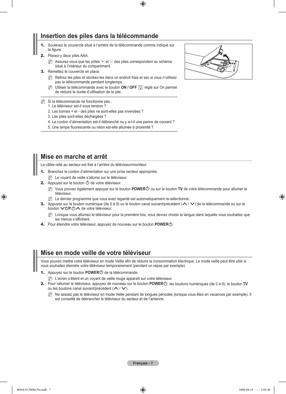 Insertion des piles dans la télécommande, Mise en marche et arrêt, Mise en mode veille de votre téléviseur | Samsung LE46A756R1M User Manual | Page 69 / 422