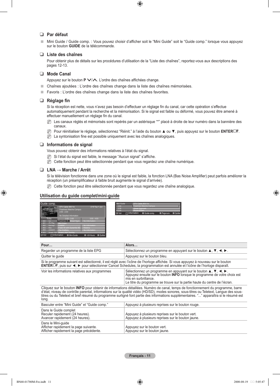 Par défaut, Liste des chaînes, Mode canal | Réglage fin, Informations de signal, Lna → marche / arrêt, Utilisation du guide complet/mini-guide | Samsung LE46A756R1M User Manual | Page 73 / 422