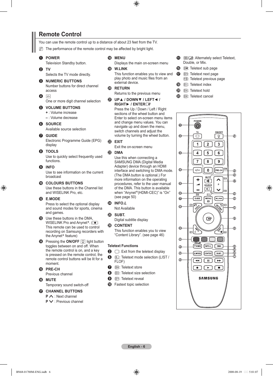 Remote control | Samsung LE46A756R1M User Manual | Page 8 / 422