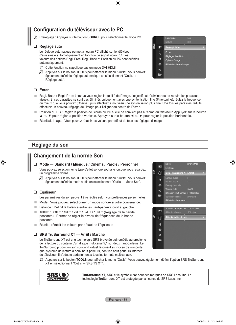 Configuration du téléviseur avec le pc, Réglage du son changement de la norme son, Réglage auto | Ecran, Egaliseur, Srs trusurround xt → arrêt / marche | Samsung LE46A756R1M User Manual | Page 80 / 422
