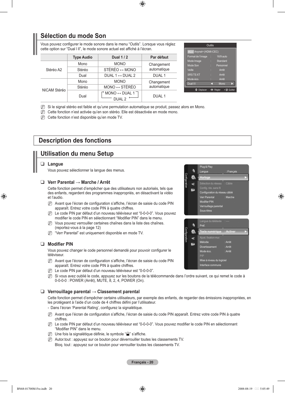 Sélection du mode son, Utilisation du menu setup, Description des fonctions | Langue, Verr parental → marche / arrêt, Modifier pin, Verrouillage parental → classement parental | Samsung LE46A756R1M User Manual | Page 82 / 422