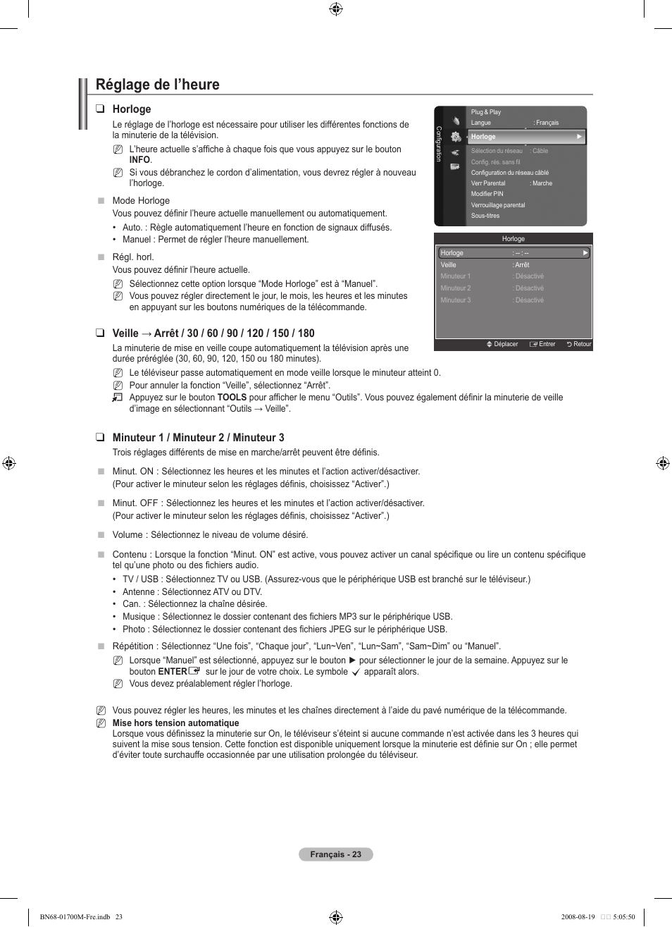 Réglage de l’heure, Horloge, Minuteur  / minuteur 2 / minuteur | Samsung LE46A756R1M User Manual | Page 85 / 422