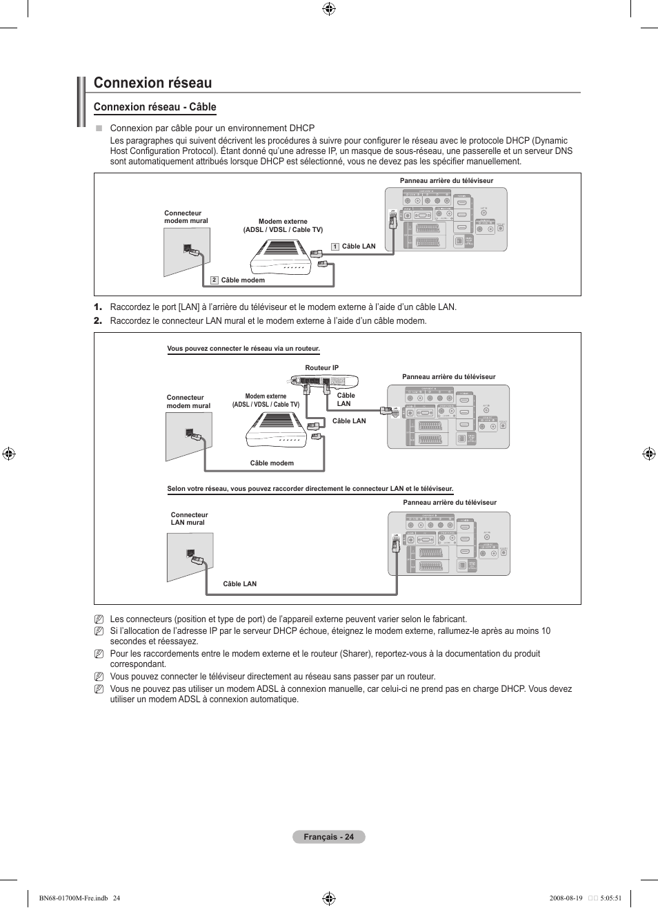 Connexion réseau, Connexion réseau - câble | Samsung LE46A756R1M User Manual | Page 86 / 422