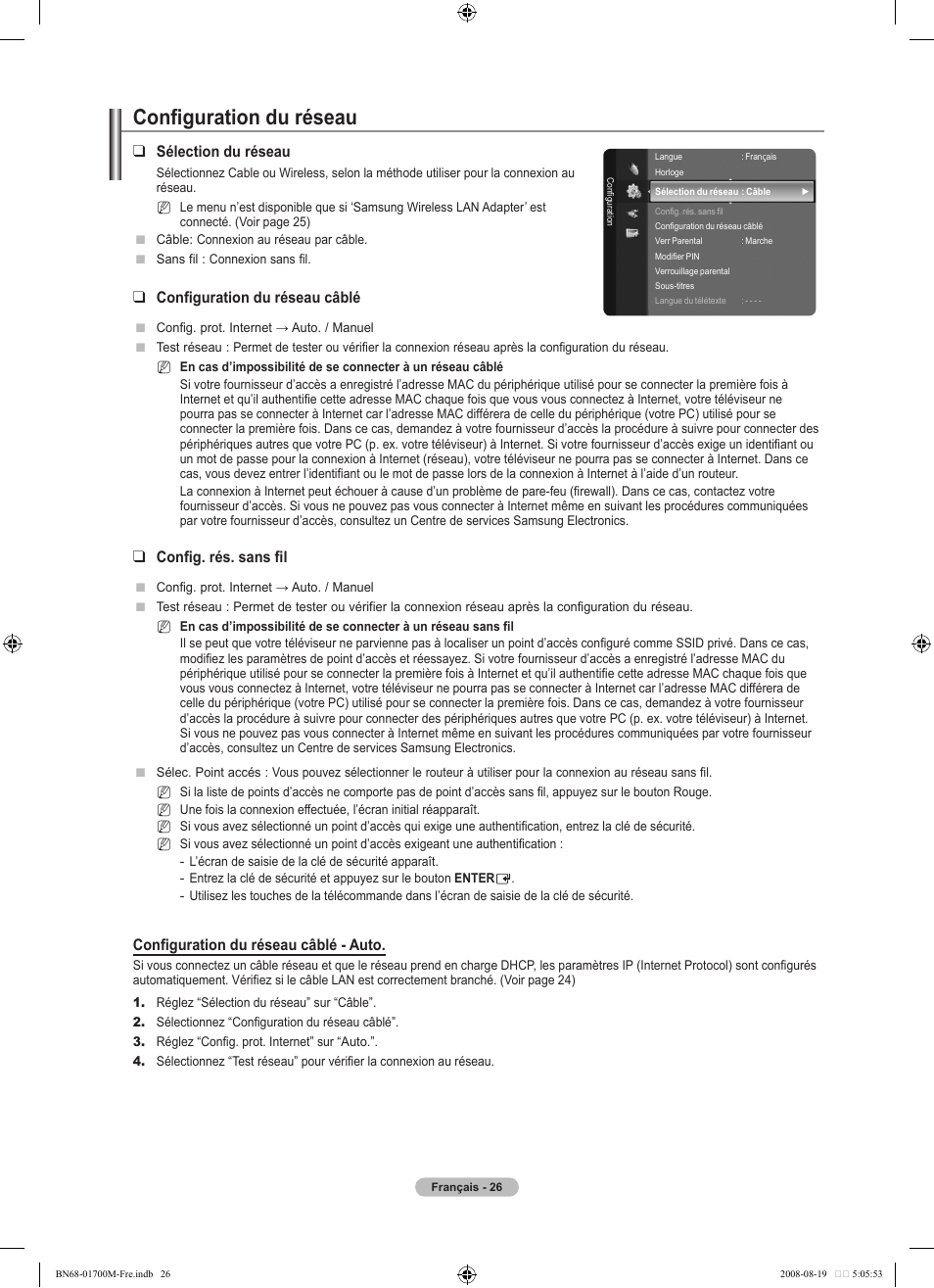 Configuration du réseau, Sélection du réseau, Configuration du réseau câblé | Config. rés. sans fil, Configuration du réseau câblé - auto | Samsung LE46A756R1M User Manual | Page 88 / 422