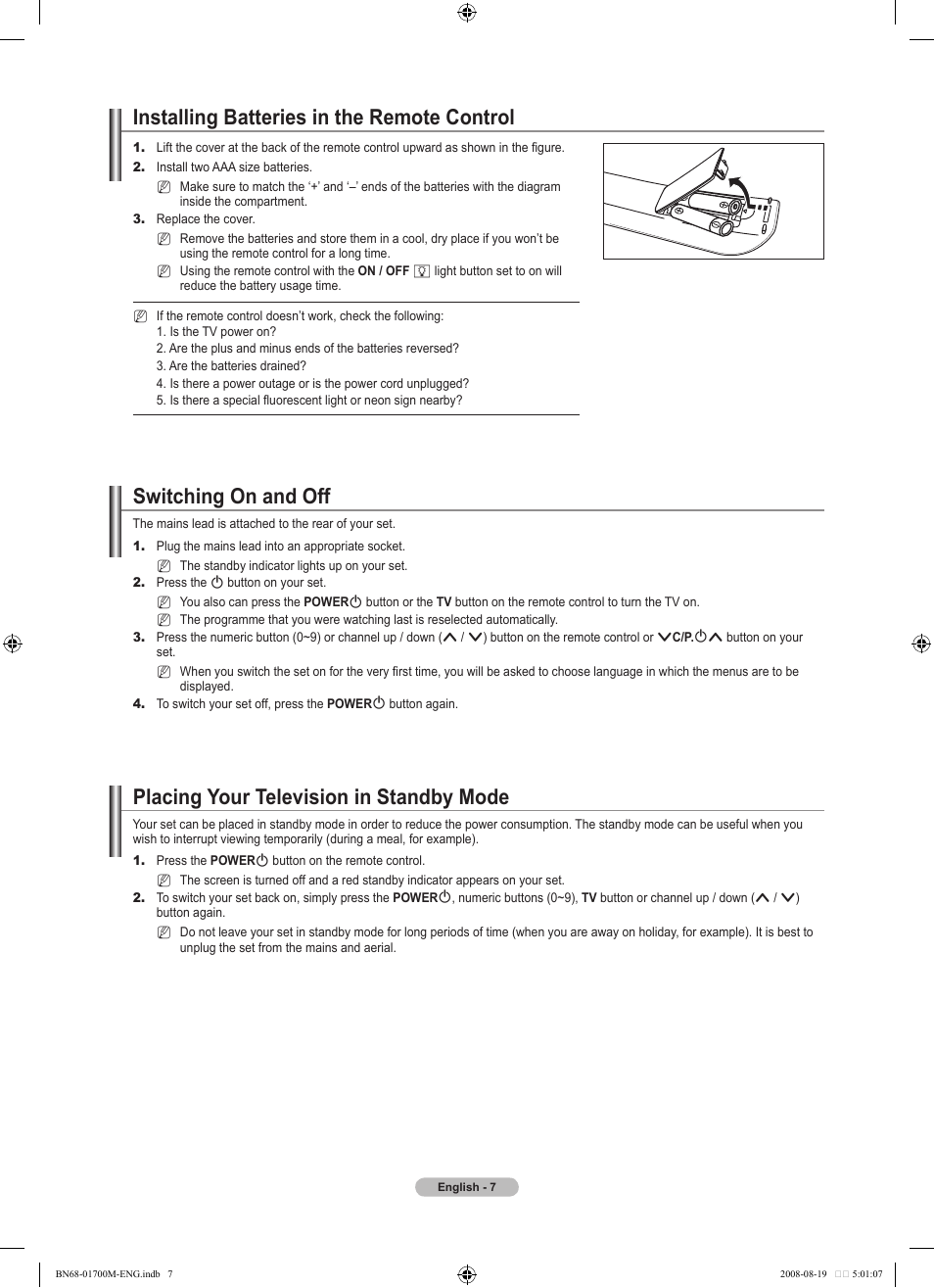 Installing batteries in the remote control, Switching on and off, Placing your television in standby mode | Samsung LE46A756R1M User Manual | Page 9 / 422