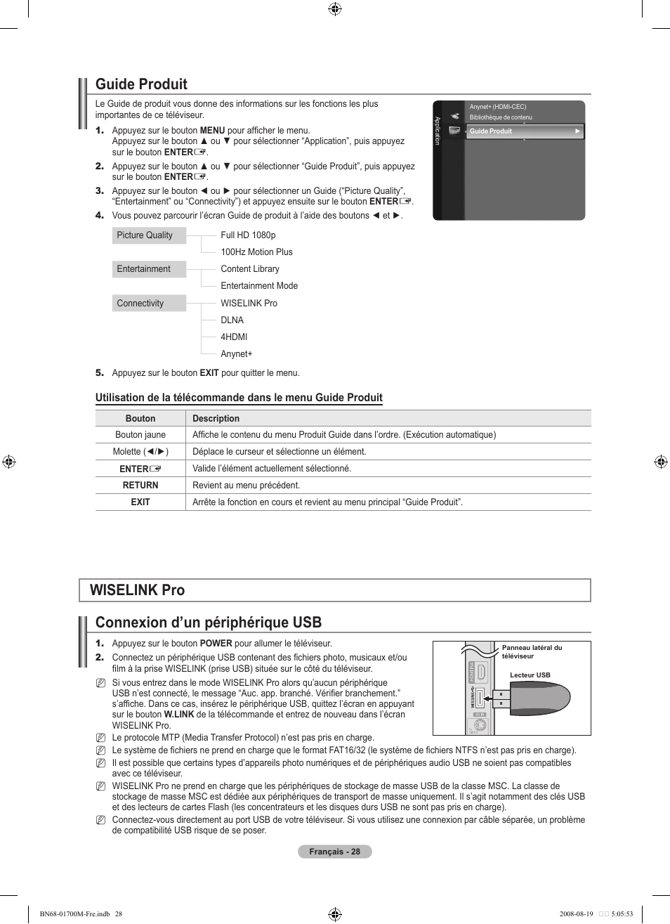 Guide produit, Wiselink pro connexion d’un périphérique usb | Samsung LE46A756R1M User Manual | Page 90 / 422