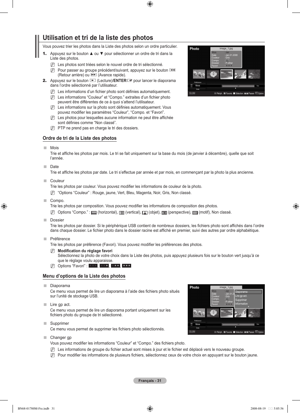 Utilisation et tri de la liste des photos, Ordre de tri de la liste des photos, Menu d’options de la liste des photos | Samsung LE46A756R1M User Manual | Page 93 / 422