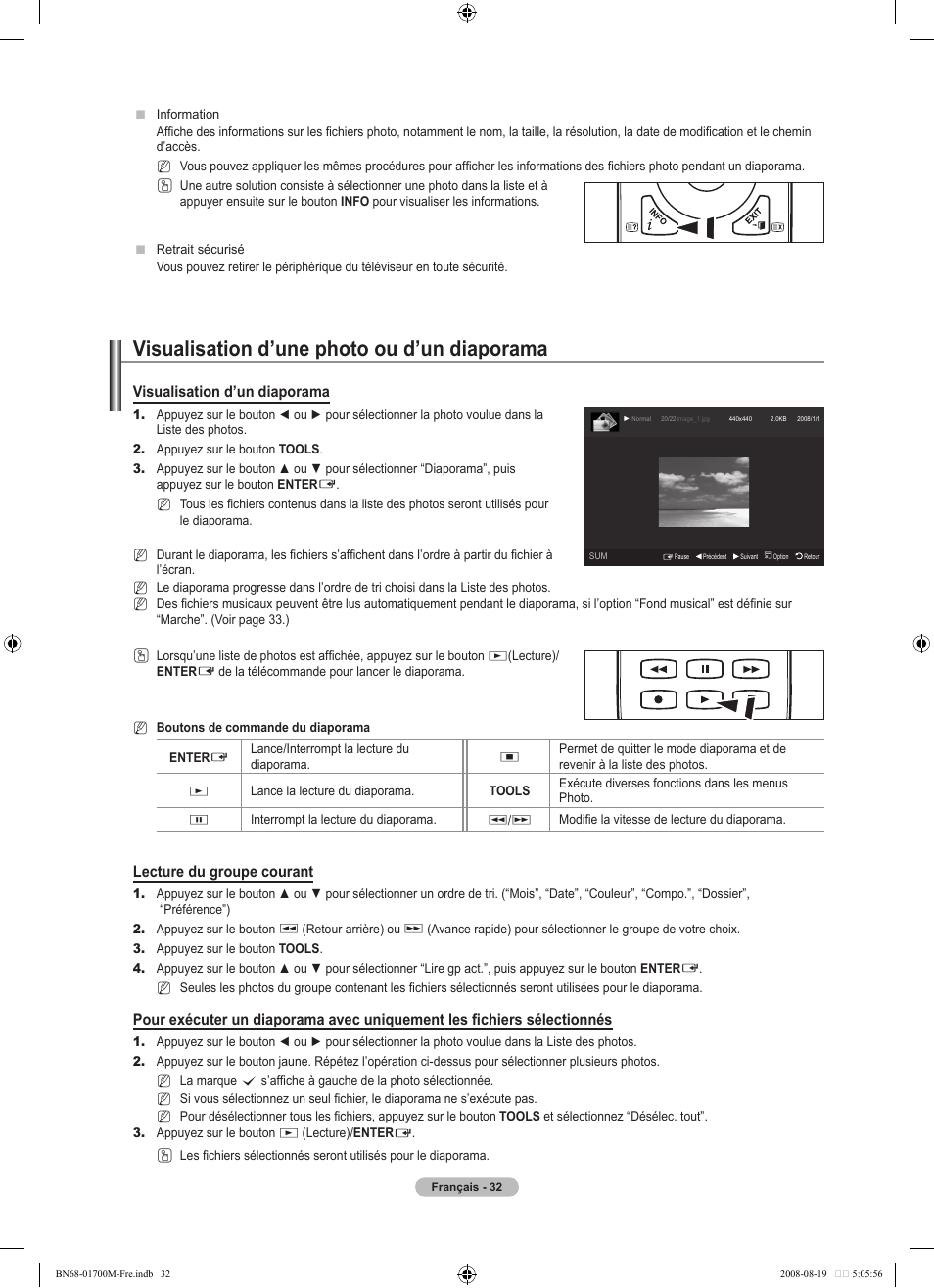 Visualisation d’une photo ou d’un diaporama, Visualisation d’un diaporama, Lecture du groupe courant | Samsung LE46A756R1M User Manual | Page 94 / 422