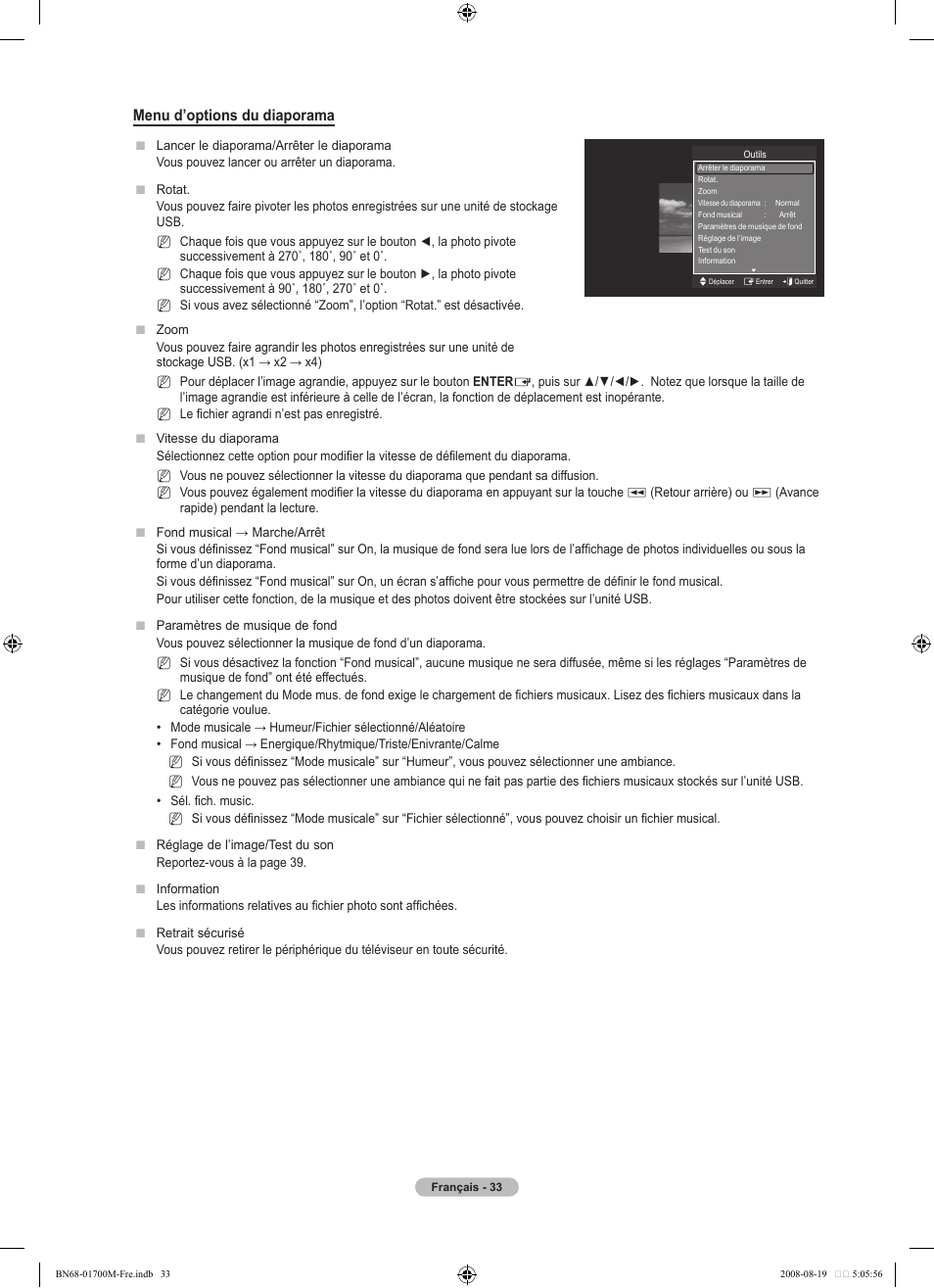 Menu d’options du diaporama | Samsung LE46A756R1M User Manual | Page 95 / 422
