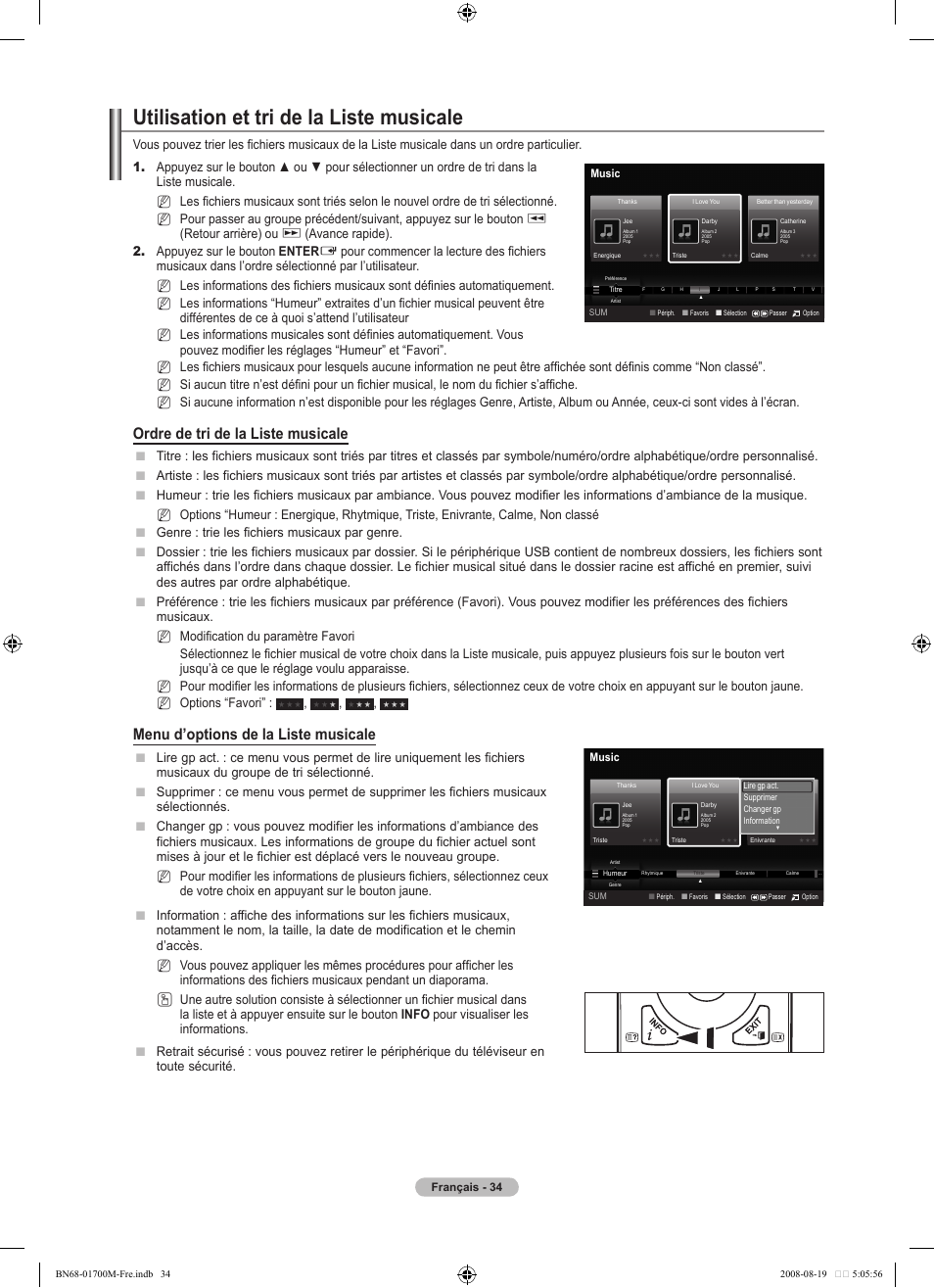 Utilisation et tri de la liste musicale, Ordre de tri de la liste musicale, Menu d’options de la liste musicale | Retour arrière) ou, Avance rapide). 2. appuyez sur le bouton enter, Nn n | Samsung LE46A756R1M User Manual | Page 96 / 422